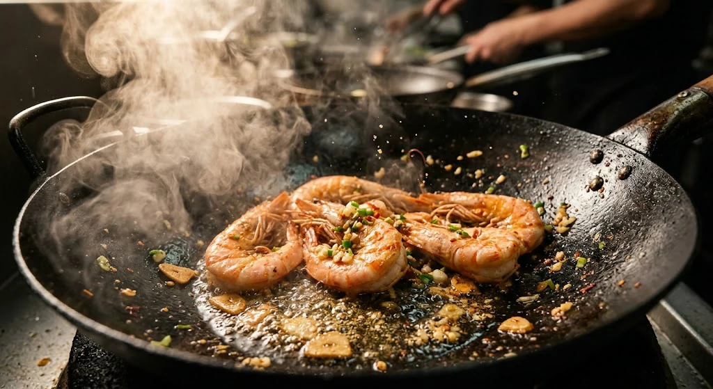 Shrimp cooking in a wok for spicy Asian garlic shrimp recipe