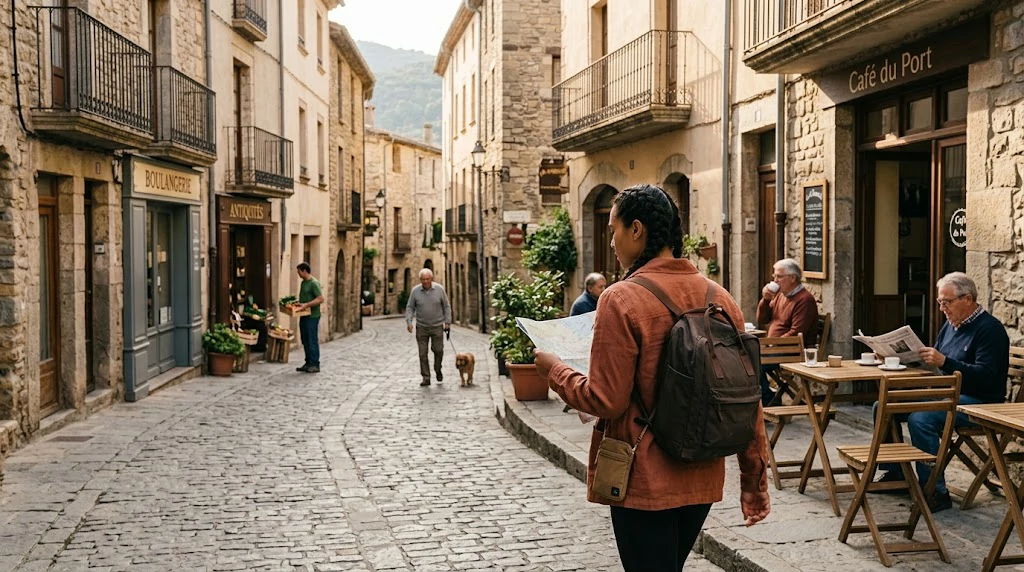 Slow travel trend in 2026 with a traveler exploring a European town