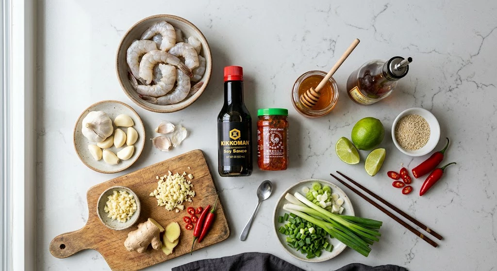 Ingredients for spicy Asian garlic shrimp recipe including shrimp, garlic, ginger, soy sauce and chilli sauce