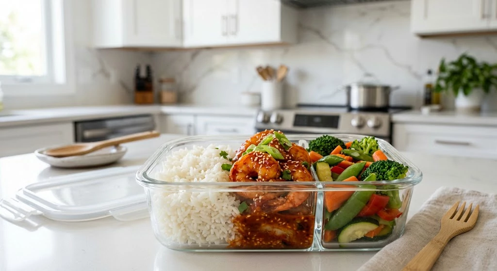 Meal prep spicy Asian garlic shrimp with rice and vegetables