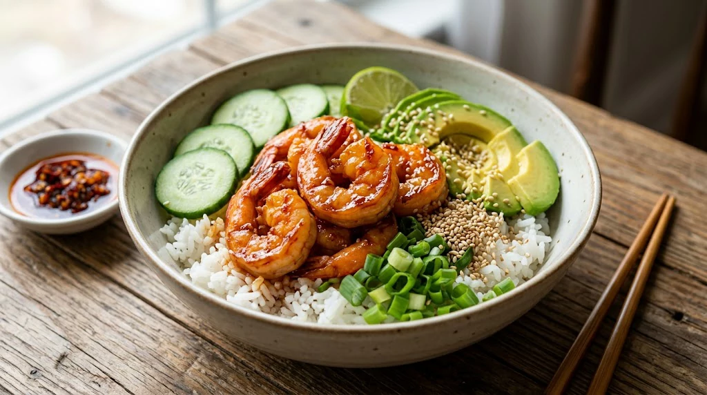 Spicy Asian garlic shrimp served with jasmine rice, vegetables and sesame seeds