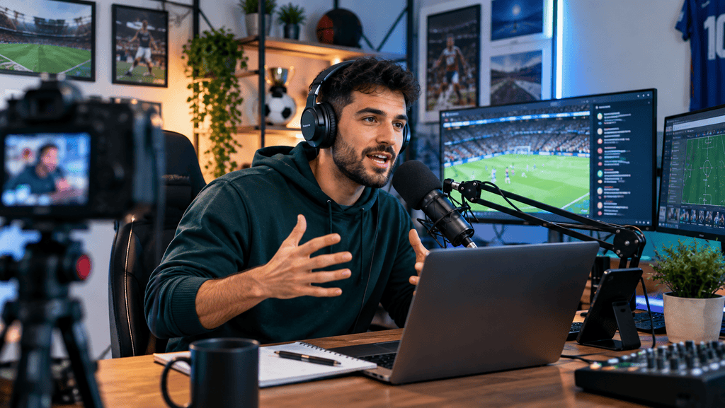 Sports creator recording commentary during a live game