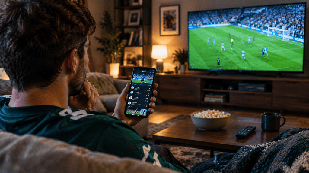 Sports fan using a smartphone while watching a live game
