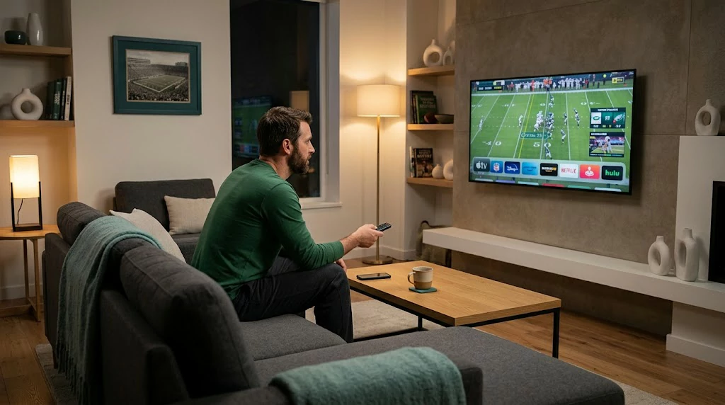 American sports fan watching a live game on a smart TV through a streaming servic