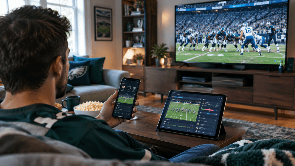 Sports fan using multiple screens to watch a game in 2026