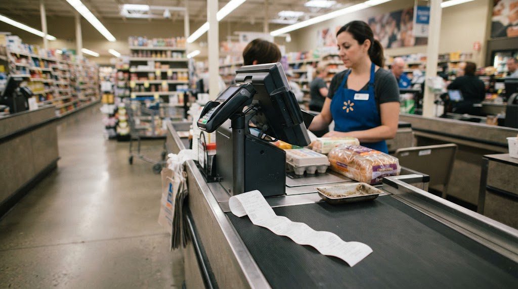A supermarket checkout counter with a receipt, representing the rising cost of living.