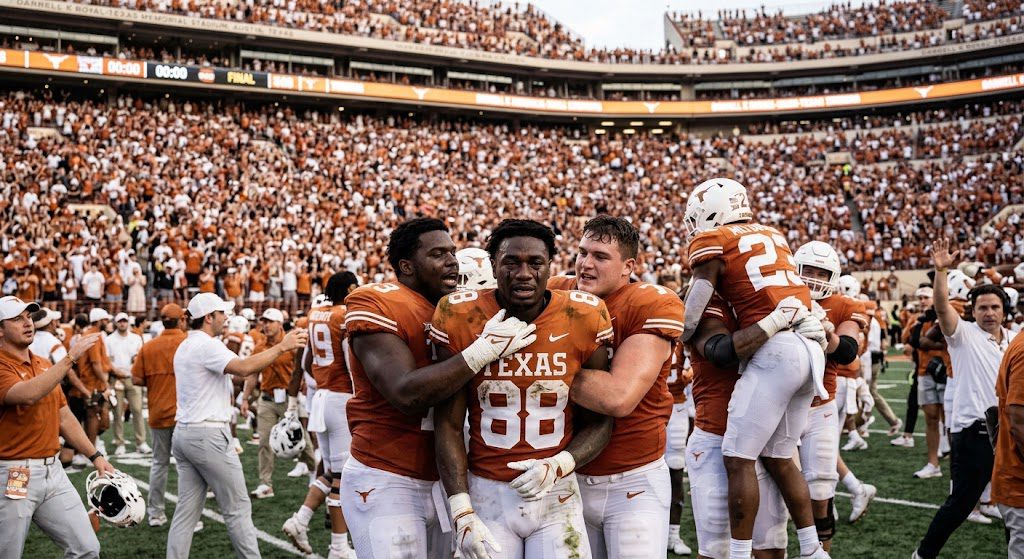 Texas Longhorns celebrating their comeback win over Ohio State