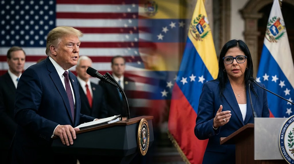 Donald Trump and Venezuelan interim President Delcy Rodríguez in a conceptual diplomatic editorial image