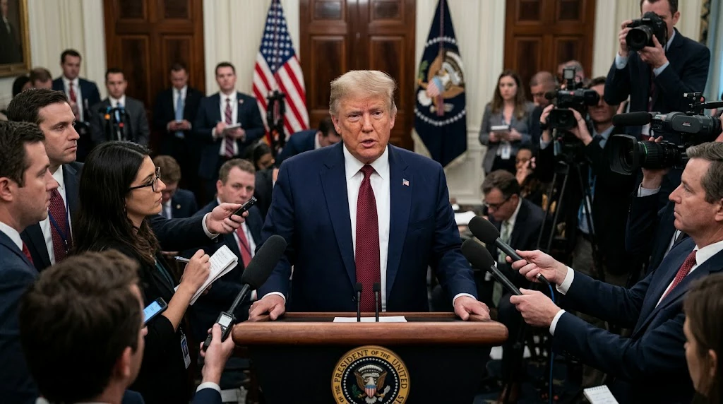 Donald Trump speaking at the White House amid a dispute over media access
