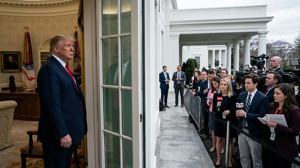 Donald Trump and White House journalists during the media access dispute