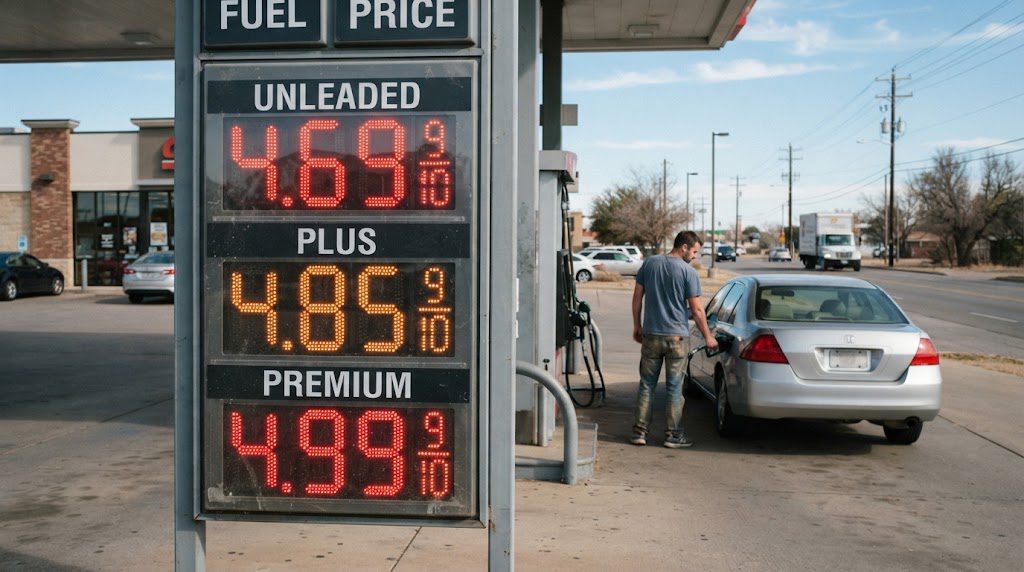 An American gas station showing elevated fuel prices during the 2026 inflation period.