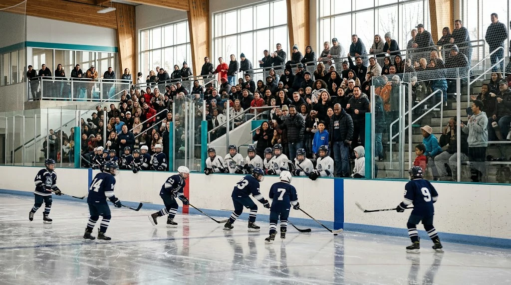 Families watching a youth hockey game at a packed American community rink