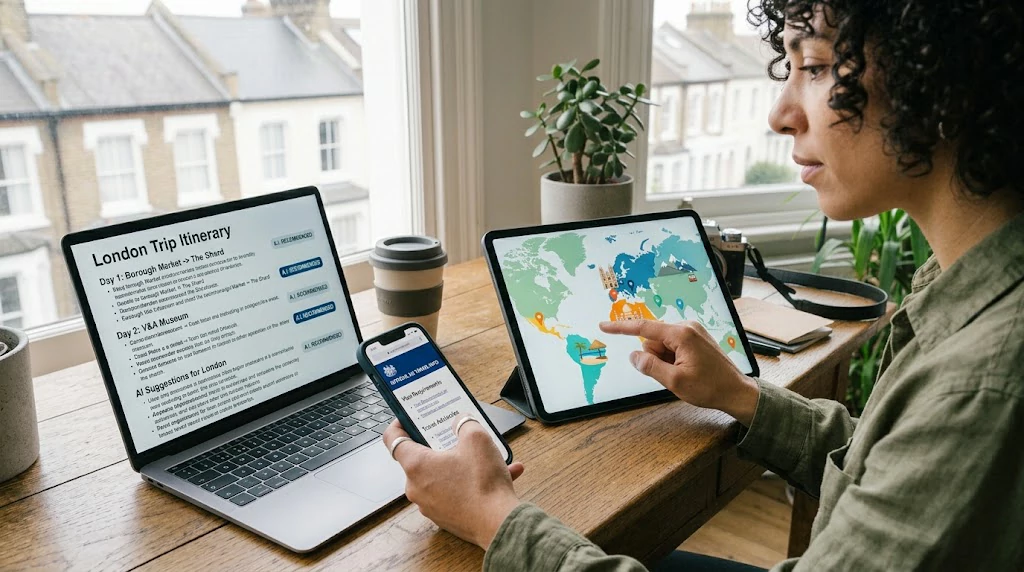 Traveler verifying AI-generated travel information