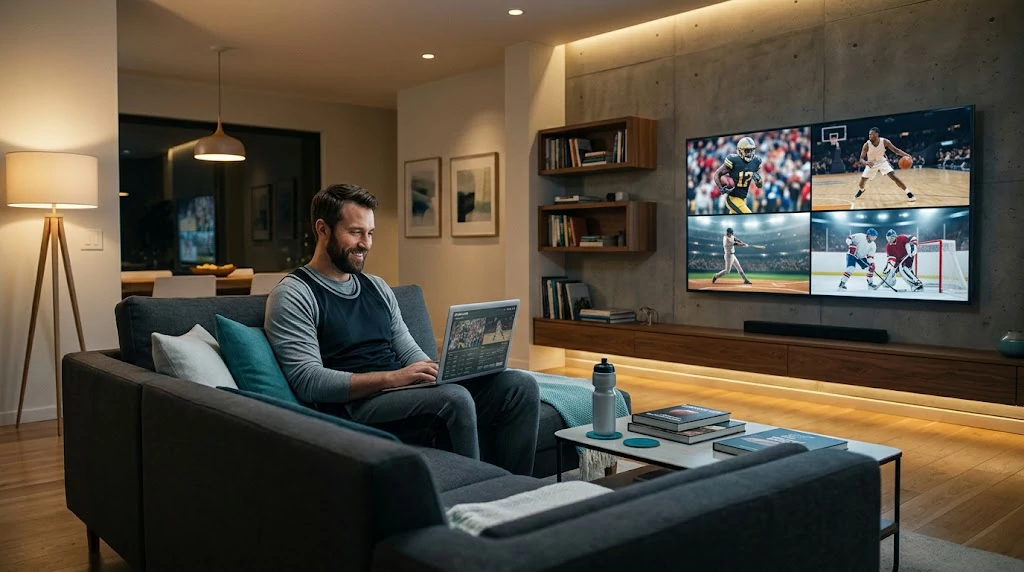 Sports fan comparing NFL NBA MLB NHL and WNBA streaming options on television