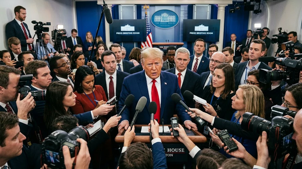 Donald Trump and White House reporters during a presidential media briefing
