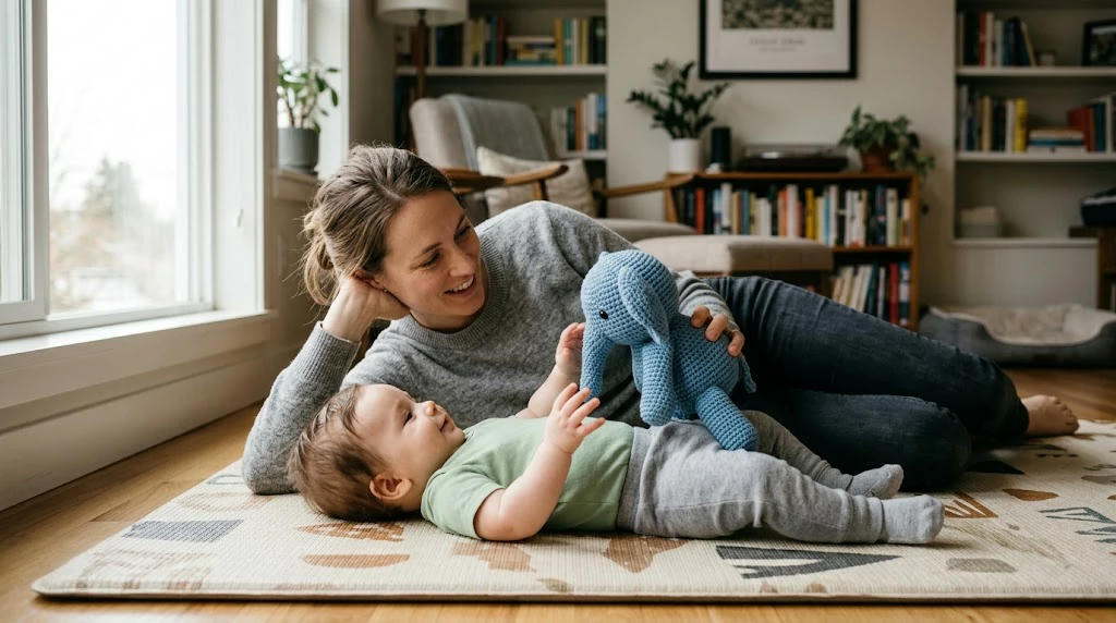 Activities for babies as a parent smiles and plays face-to-face with an infant on a floor mat