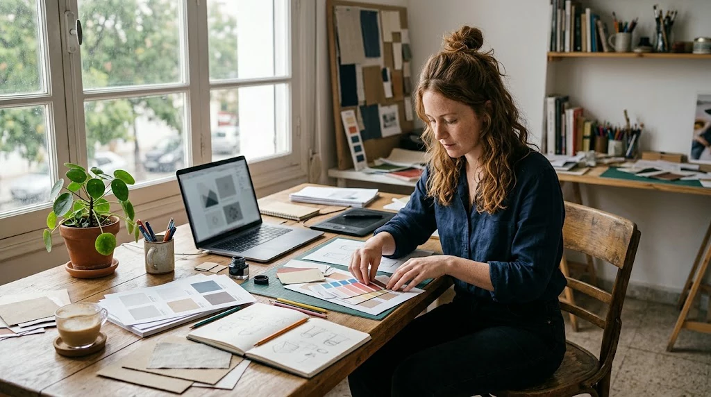 Graphic designer developing digital product layouts and marketing visuals with AI assistance