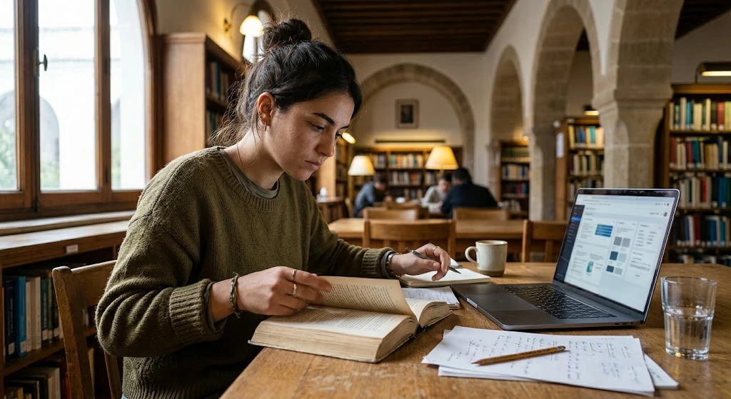 Student reviewing research sources beside a laptop while using an AI research assistant