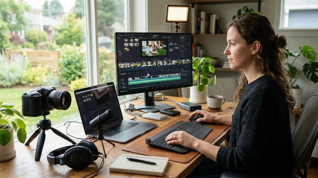 Video editor using AI-assisted tools to produce short marketing videos for clients