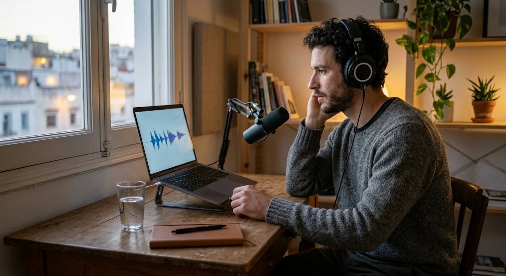  Content creator listening to a generated voiceover on headphones at a home audio editing desk