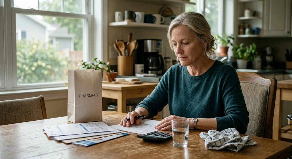 Adult at home reviewing prescription costs and paperwork before a pharmacy visit