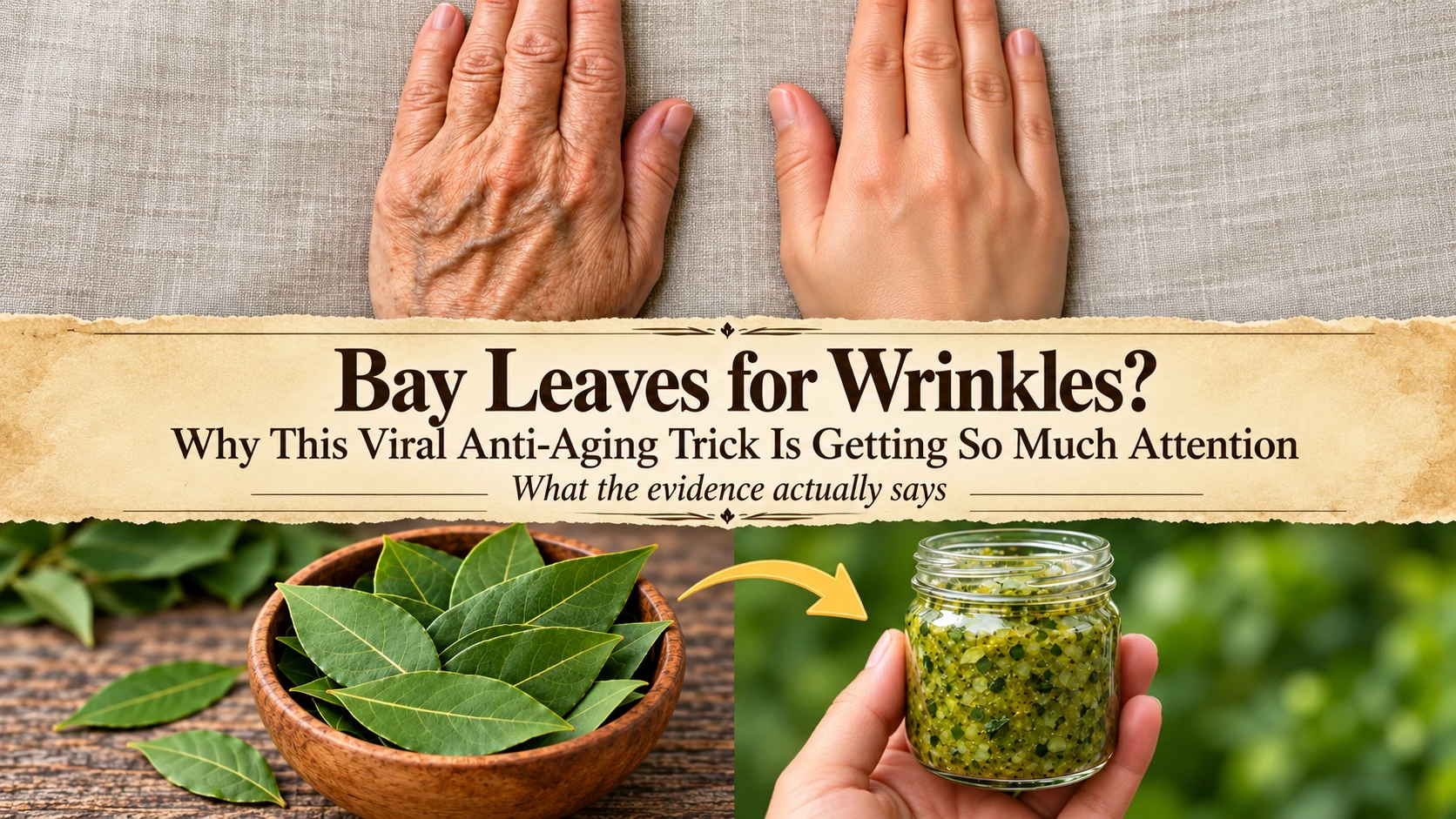 Bay leaves for wrinkles shown with aging hands, fresh bay leaves, and a homemade herbal mixture