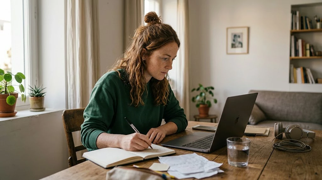 Beginner planning an AI-assisted freelance business with a laptop and notebook
