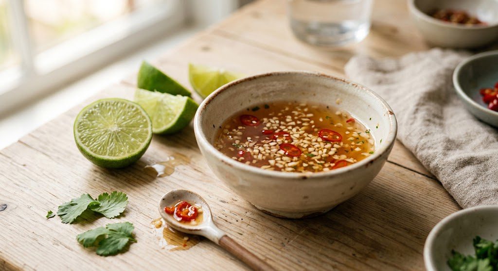 Homemade Bun Cha dipping sauce with lime garlic and chili