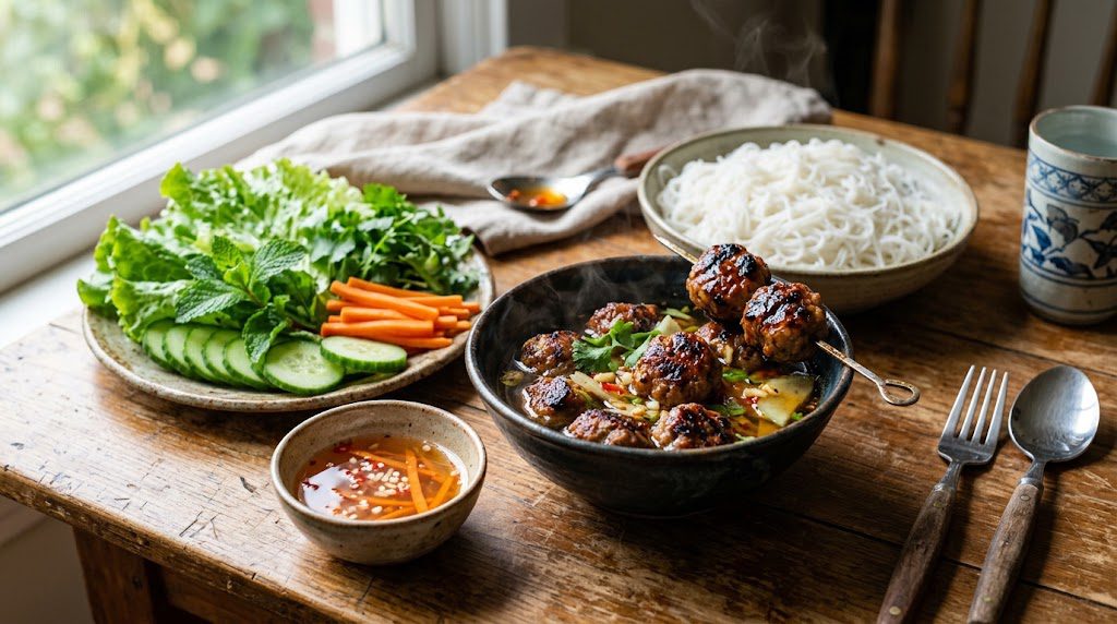 Bun Cha meatballs with rice noodles and dipping sauce