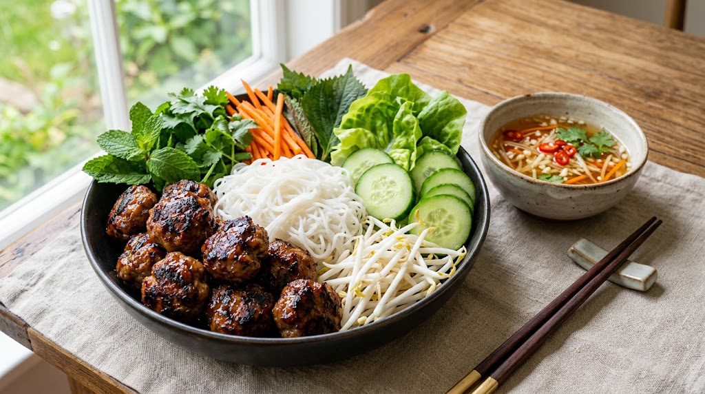 Bun Cha bowl with pork meatballs noodles and fresh vegetables