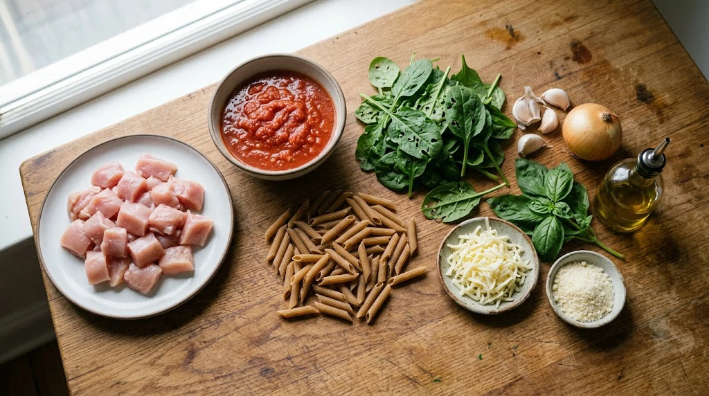 Chicken, tomatoes, spinach, whole-grain pasta, mozzarella, garlic, and herbs prepared for a pasta dinner