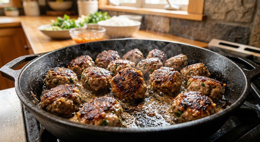Caramelized Bun Cha pork meatballs cooking in a skillet