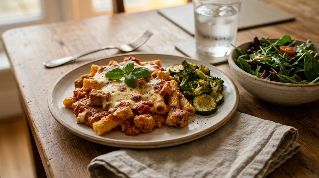 Creamy chicken pasta bake served with a fresh green salad and roasted vegetables