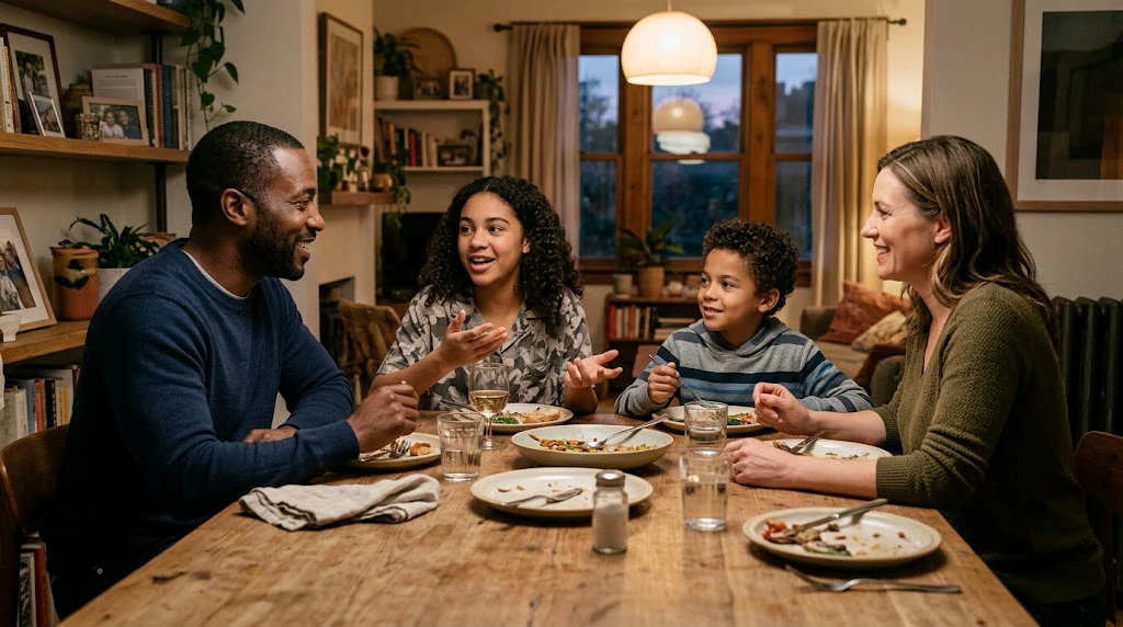 Family communication activities with parents and children talking together around a dinner table