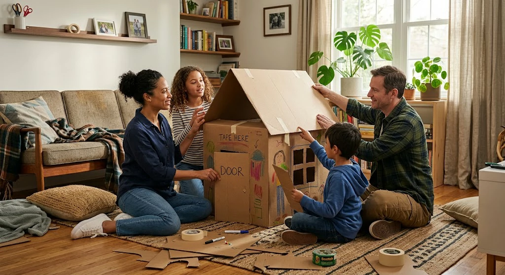 Parents and children working together on a cardboard playhouse during screen-free play