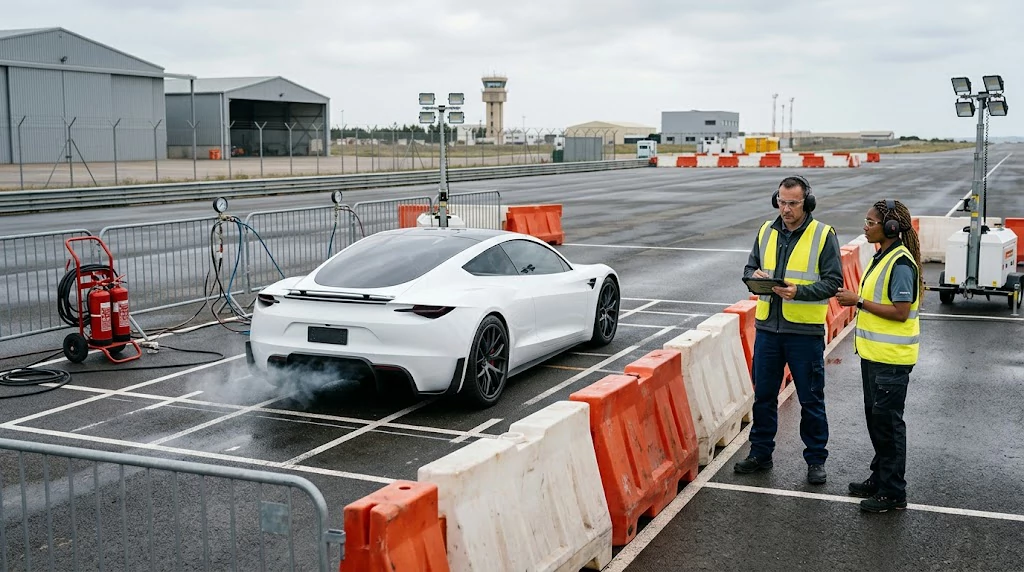 Electric roadster undergoing controlled thruster testing at a secured automotive facility
