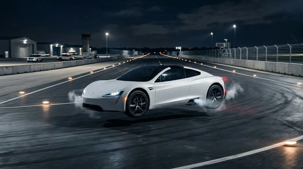 Flying Tesla Roadster performing an airborne maneuver at a nighttime test facility