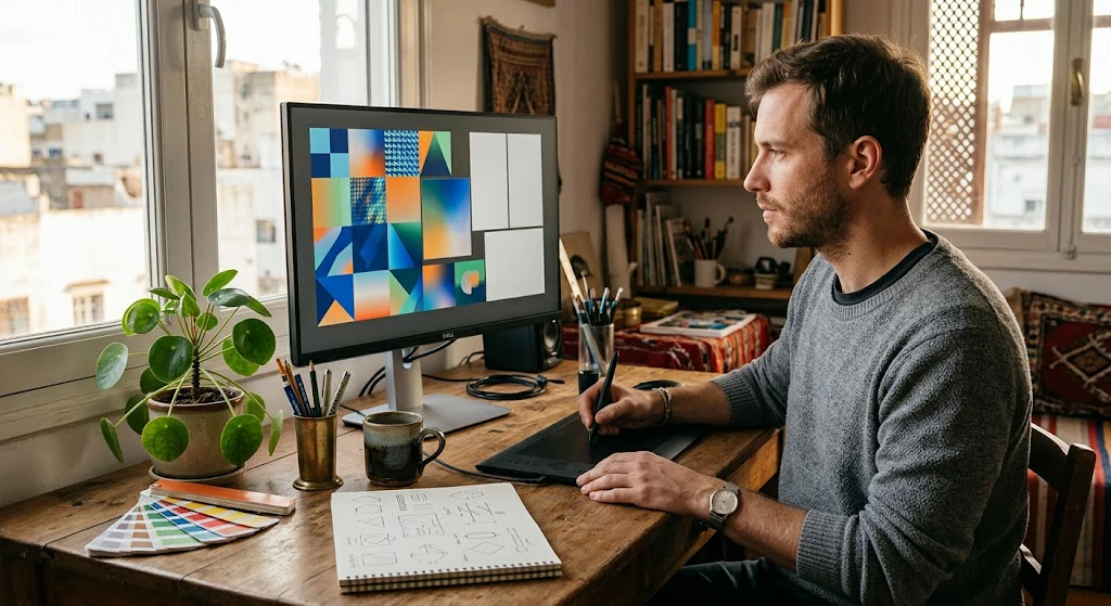 Graphic designer exploring colorful social media layouts using AI-assisted design tools at home