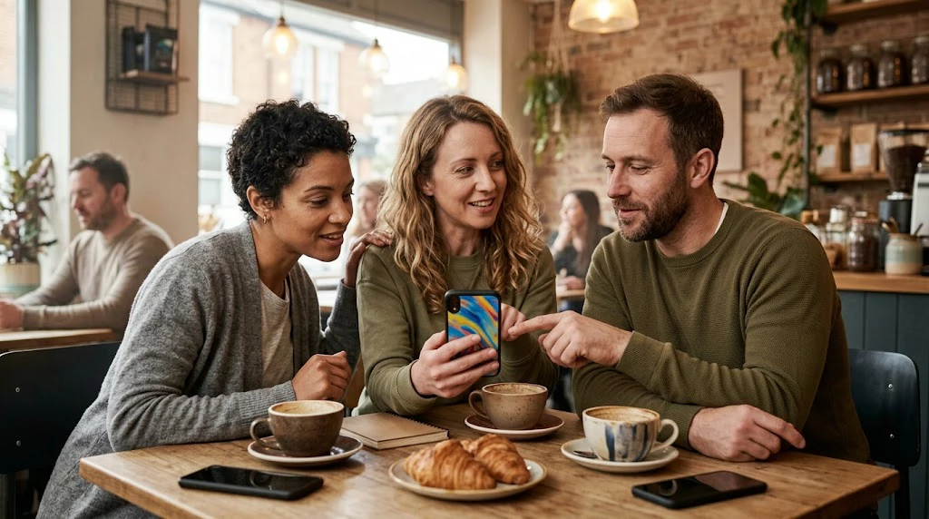friends comparing answers from a visual personality test on a smartphone