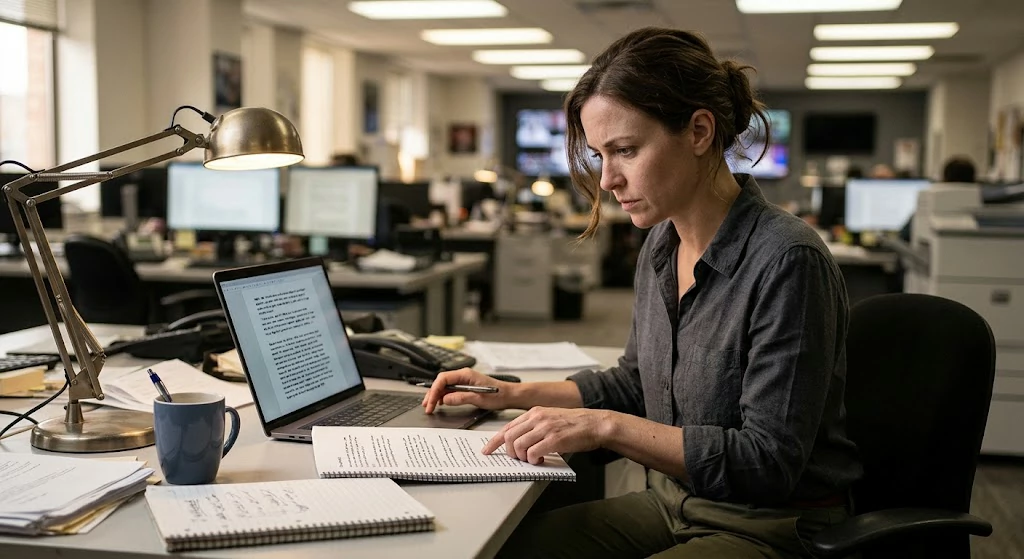 Journalist checking a White House speech transcript against notes and reporting