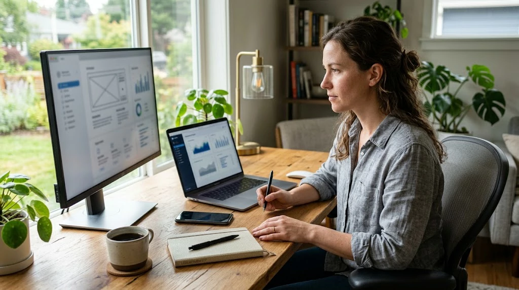 Freelancer exploring ways to make money with AI using a laptop in a modern home office