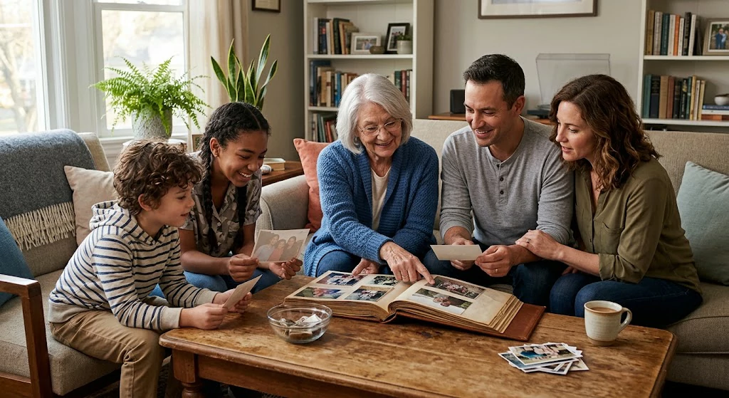  Grandmother, parents, and children looking at family photographs and sharing memories