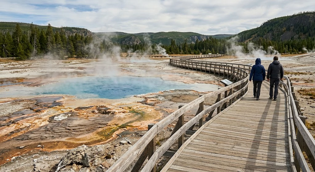  Visitors walking on a designated boardwalk near steaming geothermal features in a national park