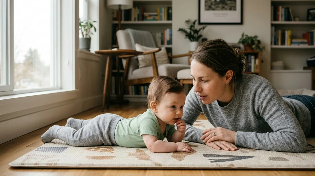 Young infant practicing supervised tummy time while a parent lies nearby at eye level