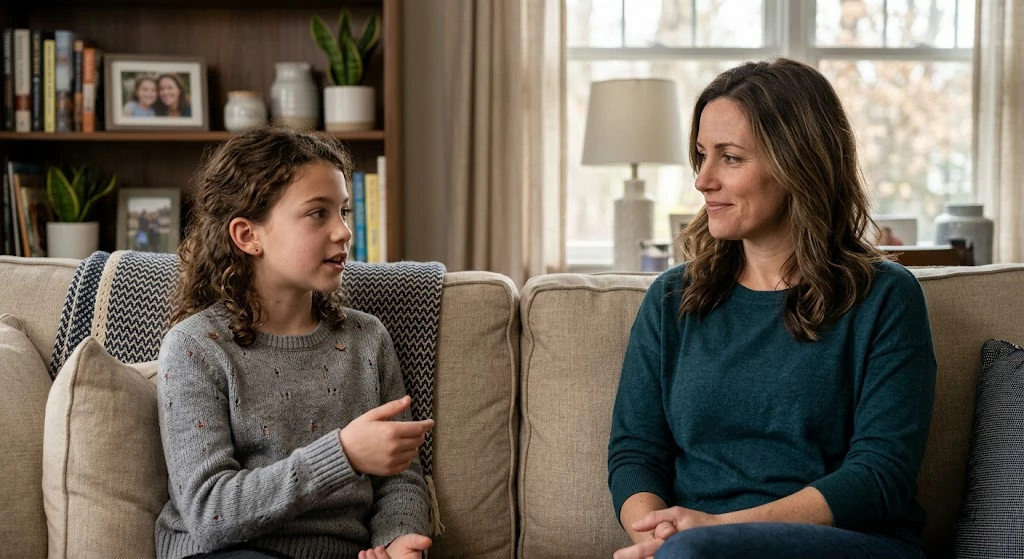Mother listening carefully while her daughter shares a story on the living room sofa