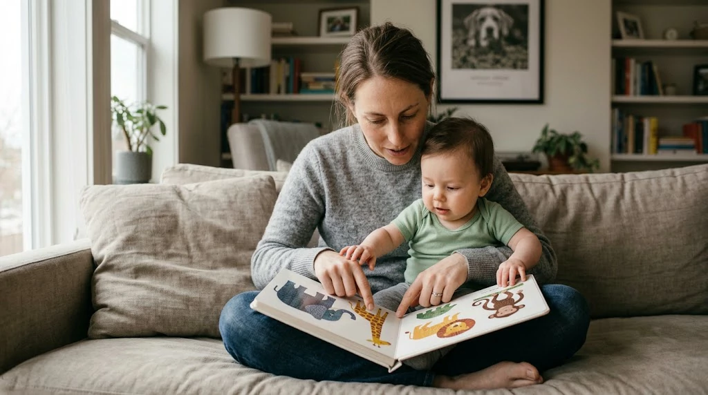 Parent reading a colorful board book with a baby sitting securely on their lap