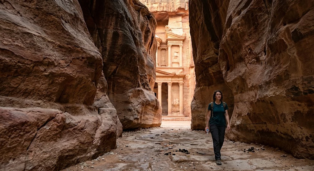 A traveler walking along the sandstone Siq toward the carved Treasury at Petra in Jordan