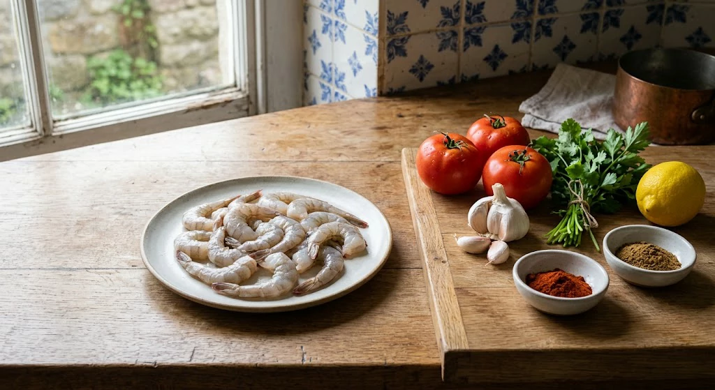 Raw shrimp on a separate plate beside tomatoes, garlic, fresh herbs, cumin, and paprika for a Moroccan seafood recipe