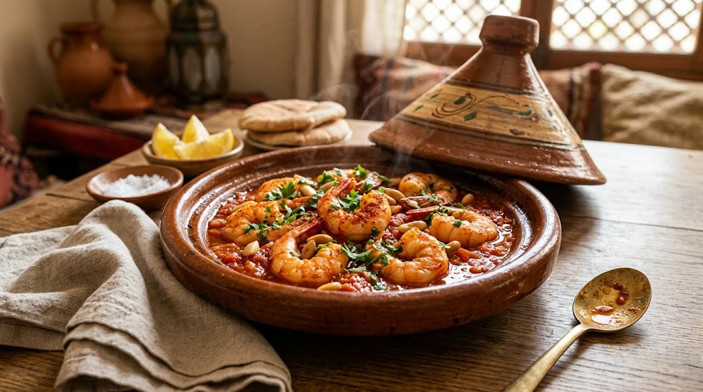 Shrimp Tagine with tender shrimp in a Moroccan-spiced tomato sauce, garnished with parsley and lemon