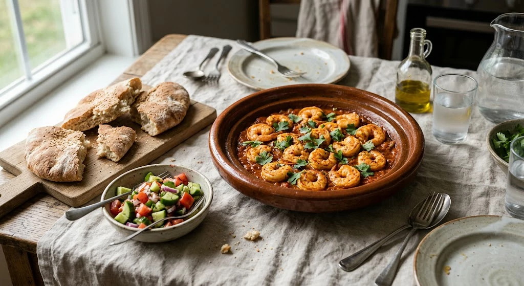 Moroccan-style shrimp in tomato sauce served with crusty bread and a fresh cucumber tomato salad